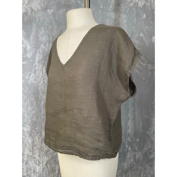 Hard Tail Forever boxy V-neck linen top green minimalist elevated basic S/M boho - Picture 12 of 13